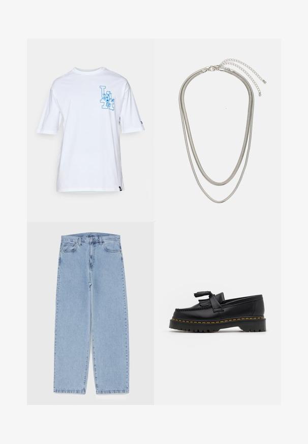 Baltas trumpas rankovėmis marškinėliai, pagaminti iš minkštos medvilnės, su mėlyna grafika ir užrašu "LA" priekyje. Standartinė apvalia apykakle ir laisvas siluetas.; Šviesiai mėlyni džinsai su tiesiomis kojomis, turintys vidutinio aukščio juosmenį, penkias kišenes ir mygtuko bei užtrauktuko uždarymą.; Juodas odinis loaferis su kutais, turintis masyvų juodą pado ir geltonus siūlus palei kraštą. Textūruota danga.; Trijų sluoksnių sidabrinė metalinė apyrankė, kuri pasižymi stilingomis, lankstosiomis grandinėlėmis su švelniu blizgesiu, užsegama krabų užsegimu ir reguliuojama grandinė.