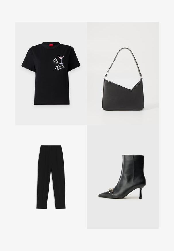 Sort bomulds T-shirt med korte ærmer, prydet med en hvid og lyserød grafik af et martiniglas og teksten "Ça va Merci" i et legende skrifttype.; Sorte bukser med lige pasform, der har dobbelte folder, en glat tekstur og et klassisk taljedesign. Ingen synlige hardware eller accenter.; Sort læder ankelstøvle med spidse tæer, slank hæl i mellemhøjde og sølvspænde detaljer på siden mod en ensfarvet baggrund.; Sort læderhåndtaske i trekantet form med en slank rem og sølv hardware. Har lynlås-lukning og prægede logo på forsiden.