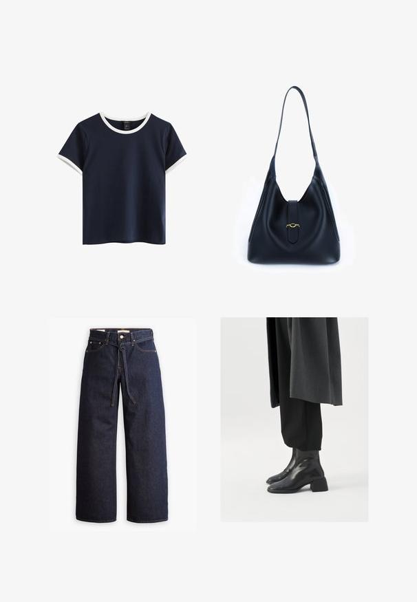 Marineblaues T-Shirt mit kurzen Ärmeln und weißem, geripptem Rundhalsausschnitt sowie Saumabschlüssen. Hergestellt aus glattem Baumwollstoff, mit lockerer Passform und schlichten Design.; Weite, dunkelblaue Jeans aus Denim mit hoher Taille, ausgestattet mit einem Kordelzug, fünf Taschen und kontrastierenden Nähdetails.; Schwarze Lederstiefeletten mit quadratischer Zehenform und dicker Absatz, getragen mit lockeren schwarzen Hosen und einem dunkelgrauen Mantel. Glatte Oberflächenstruktur.; Schwarze Lederhandtasche mit einem weichen, lässigen Design. Verfügt über einen flachen Trageriemen und einen zentralen Verschluss, der mit einem goldenen Akzent verziert ist.