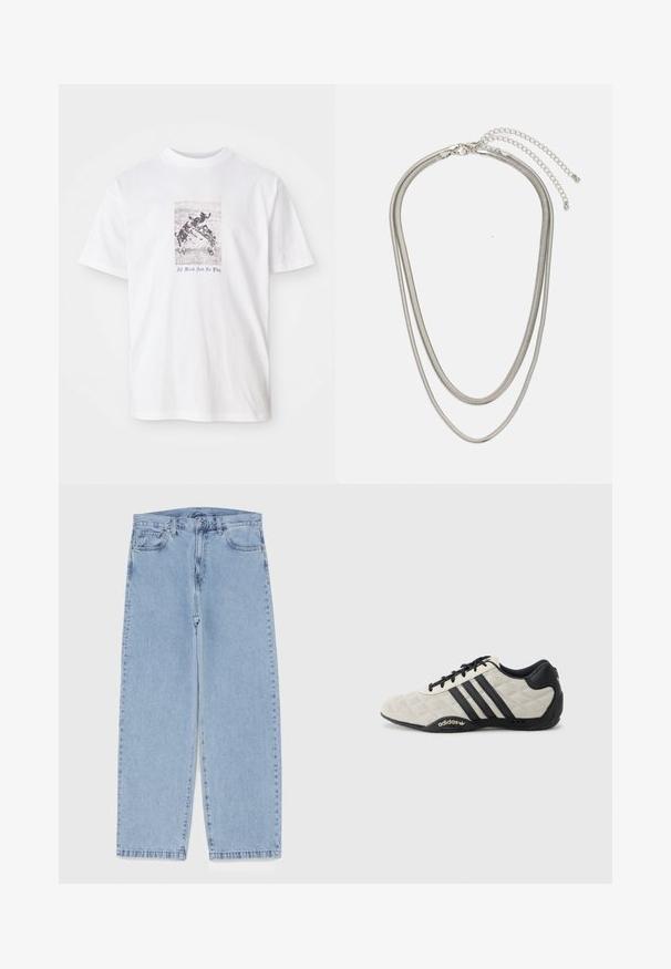 Fehér pamut póló, középen kutyák játszanak, alatta kék színű felirattal: "Csak munka és semmi játék".; Világoskék farmernadrág egyenes szárú kivitelben, közepes derékkal, öt zsebbel, gombos és cipzáros záródással.; Adidas sportcipő, textúrált, világosszürke felsőrésszel és fekete bőr akcentusokkal. Fekete háromcsíkos logóval és párnázott talppal rendelkezik.; Háromrétegű ezüstszínű fém nyaklánc, letisztult, rugalmas láncokkal, enyhe fényességgel, homárkapoccsal rögzítve és állítható lánccal.