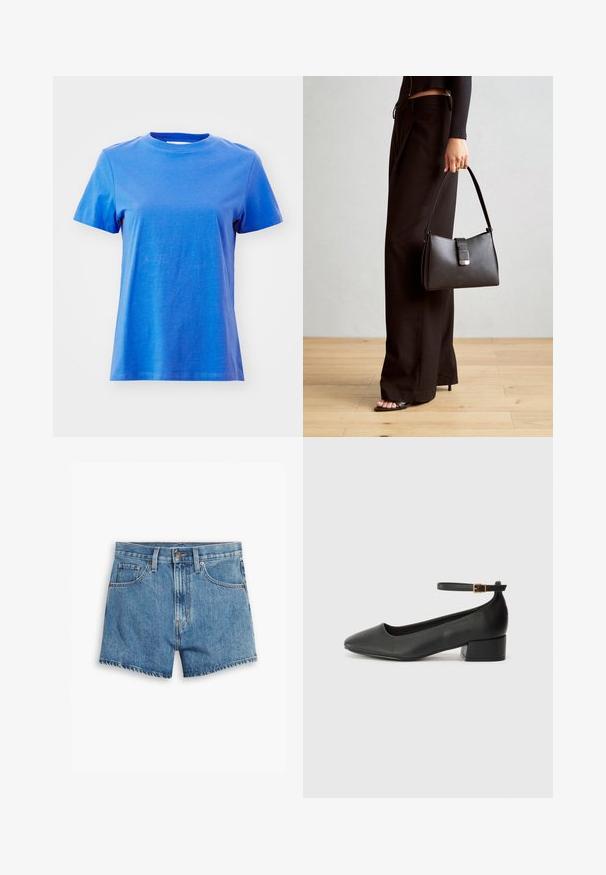 Kék, rövid ujjú, kerek nyakú póló, puha pamut alapanyagból, sima textúrával és klasszikus szabással, látható minták nélkül.; Világoskék farmer rövidnadrág, öt zsebbel, cipzáros megoldással és gombos záródással. A szegélyt megkoptatták, és laza szabású dizájn jellemzi.; Fekete bőr magassarkú cipő hegyes orral és alacsony tömb sarkal. Bokapánttal rendelkezik, aranyszínű csattal. Simább textúra.; Fekete kézi táska strukturált formával, sima textúrával és fémből készült záródással. Széles fekete nadrággal és nyitott orrú szandállal párosítva, fából készült padlón.