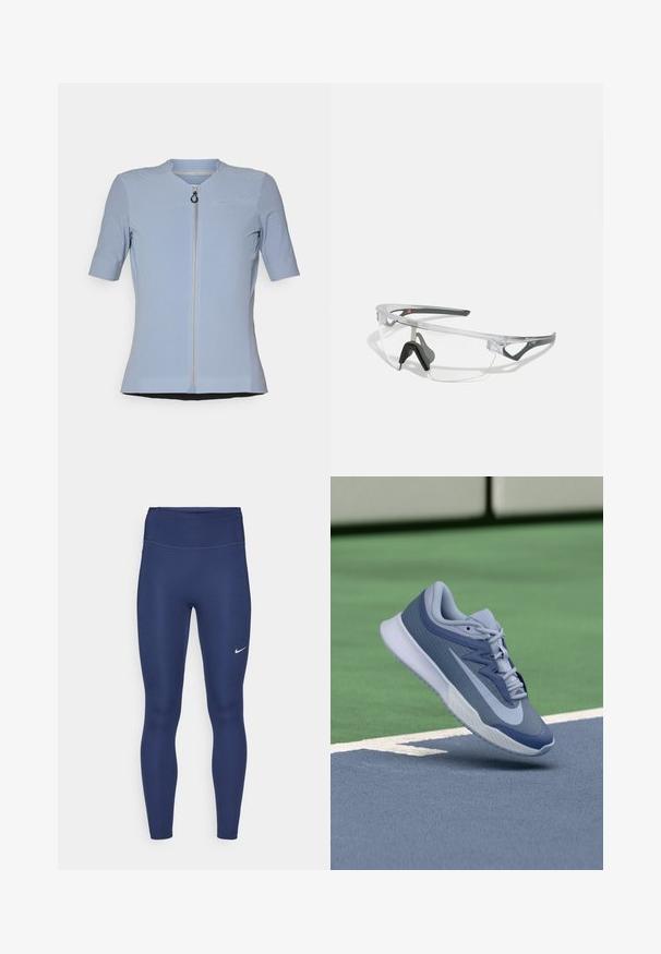 Světle modrý krátký rukáv s zipem a texturou, kulatým výstřihem a malou kapsičkou na prsou. Hladká tkanina s těsným střihem.; Námořnické legíny s vysokým pasem, vyrobené z elastického materiálu. Mají jemné švy a malé bílé logo Nike na levém stehně.; Sportovní tenisky v světle modré a námořnické barvě, s texturovaným svrškem, plochými tkaničkami a lehkou bílou podrážkou. Zvýšené nad povrchem kurtu.; Průhledné ochranné brýle s lehkým, transparentním rámem a šedými akcenty. Mají design přes hlavu a nastavitelný nosník.