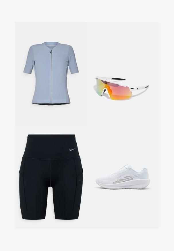Svetlo modrý krátky rukáv zipsový top s textúrovaným vzorom, okrúhlym výstrihom a malou náprsníkovou kapsou. Hladká látka s priliehavým strihom.; Čierne športové šortky s vysokým pásom vyrobené z elastického materiálu; obsahujú bočné vrecká a malé logo Nike na páse.; Biele atletické topánky s priedušným zvrškom, okrúhlym prstom a štruktúrovanou podrážkou. Obsahuje strieborný Nike swoosh a minimalistický dizajn.; Sweet Protection SHINOBI UNISEX - Slnečné okuliare - rig topaz/satin white