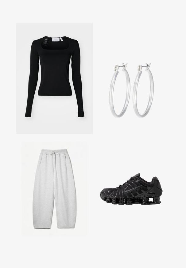 Mustassa pitkähihaisessa paidassa on neliönmuotoinen pääntie. Se on valmistettu sileästä kankaasta ja siinä on tiukka siluetti sekä hienovaraisia ompeluyksityiskohtia. Hinta- ja pesulaput kiinni.; Harmaat rentosäärystimet, joissa on rento istuvuus, joustava vyötärö, nyöri ja sivutaskut; valmistettu pehmeästä, teksturoidusta kankaasta.; Mustat urheilukengät, joissa on verkkoyläosa ja kiiltävät yksityiskohdat. Varustettu kaarevalla jousituksella ja teksturoiduilla viivoilla sivuilla. Nike-logo näkyvissä.; Hope-silver rengas, joissa on sileä ja kiillotettu pinta. Pyöreä muoto ja turvallinen napsautettava lukitus. Kevyt muotoilu sopii päivittäiseen käyttöön.