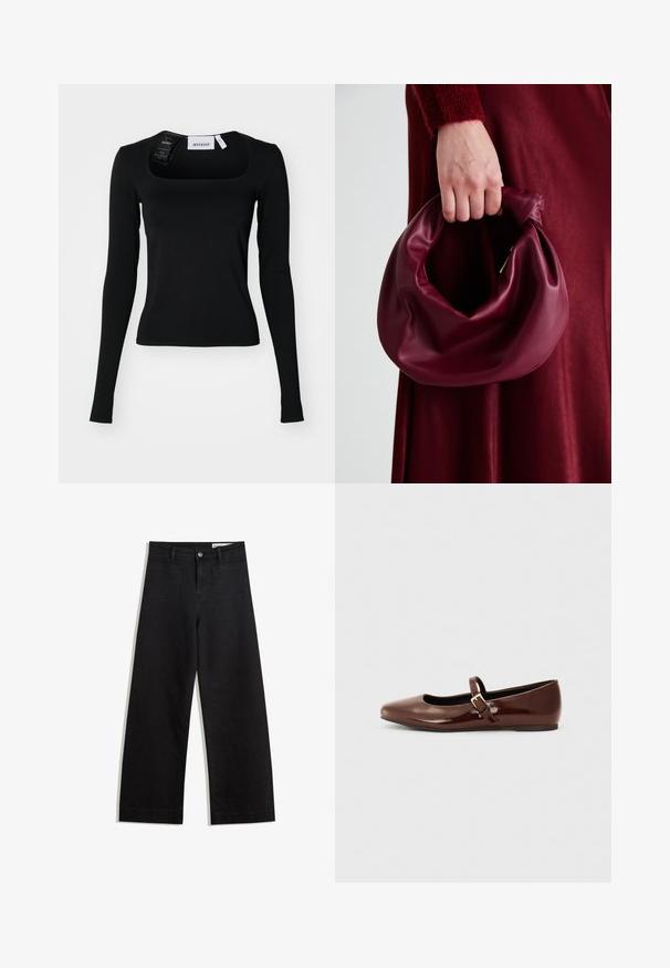 Top negru cu mânecă lungă și decolteu pătrat. Fabricat dintr-un material neted, are o siluetă ajustată și detalii fine de cusătură. Etichetă atașată.; Pantaloni din denim negri cu picioare largi, cu talie înaltă, având buzunare frontale și posterioare, cusături dublate și închidere cu nasture. Textură netedă.; Balerini negre din piele lucioasă, cu vârful pătrat și o curea cu o cataramă mică din aur. Textură netedă, toc mic și un design minimalist.; Geantă de mână din piele burgundă, cu un design moale și pliat și o formă rotundă. Mânerele sunt securizate, evidențiind o textură netedă.