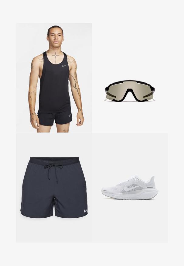 Zwarte sportieve tanktop met een ronde halslijn en het Nike-logo. Gekenmerkt door een lichtgewicht, ademende stof en contrasterende grijze accenten.; Nike hardloopshorts, donkergrijs, elastische tailleband met trekkoord, zijzakken, lichtgewicht stof, met een wit Nike-logo op de onderste zoom.; Witte sportieve schoen met een mesh bovenwerk, gladde textuur overlays, grijze accenten, veters en een gevoerde zool ontworpen voor prestaties.; Zwarte sportieve zonnebril met grote omvattende glazen met groene tint, voorzien van een hoekig ontwerp en transparante zijaccenten. Merk zichtbaar aan de bovenkant.