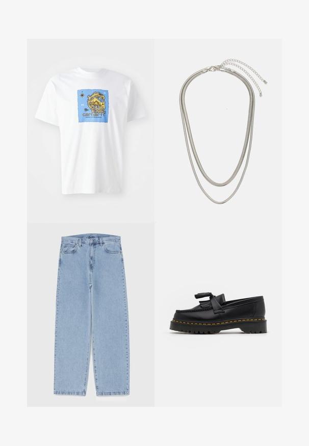 Balta medvilninė marškinėliai su mėlynu grafiniu piešiniu, vaizduojančiu stilizuotą žemėlapį su geltonais akcentais ir juodais užrašais, skaitant "carhartt WORK IN PROGRESS."; Šviesiai mėlyni džinsai su tiesiomis kojomis, turintys vidutinio aukščio juosmenį, penkias kišenes ir mygtuko bei užtrauktuko uždarymą.; Juodas odinis loaferis su kutais, turintis masyvų juodą pado ir geltonus siūlus palei kraštą. Textūruota danga.; Trijų sluoksnių sidabrinė metalinė apyrankė, kuri pasižymi stilingomis, lankstosiomis grandinėlėmis su švelniu blizgesiu, užsegama krabų užsegimu ir reguliuojama grandinė.