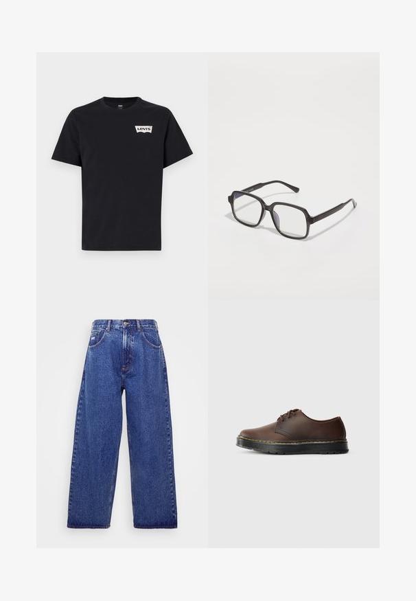 Black cotton t-shirt with short sleeves, crew neckline, and a small white Levi's logo on the front left side.; Wide-leg, blue denim jeans with a high waist, featuring five pockets, a button closure, and subtle fading for texture.; Brown leather lace-up shoe with a rounded toe, black rubber sole, and yellow stitching accents along the sole edge.; Black rectangular eyeglasses with clear lenses, featuring a flat bridge and slender arms, showcasing a smooth plastic texture.