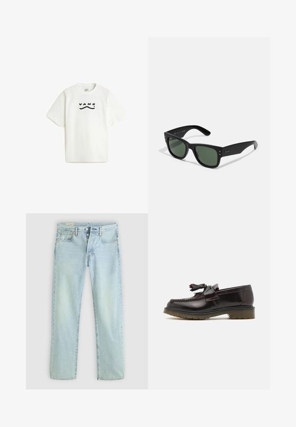 Vans DETERMINED - Printtipaita - white; Vaaleansiniset farkut, joissa on suora leikkaus, viisi taskua, nappikiinnitys ja hillitty haalistus. Sisältää ompeluotteita ja kuparisia niittejä.; Ruske nahkate loafere z woveno zasnovo, z detajlom v obliki resic in ravnim gumijastim podplatom. Imajo gladek zaključek in kontrastno šivanje.; Mustat suorakulmaiset aurinkolasit vihreillä linsseillä, mattapinta, hienovaraiset metalliosat ja kohokuvioitu logo sankassa.