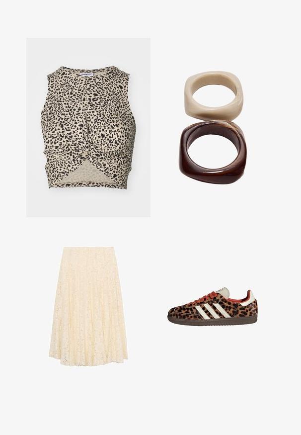 Kuroppattu tanktoppi leopardi-kuosisena beige-värissä mustilla täplillä, jolla on kierretty etuosa ja sileä, kevyt kangas.; Kreemi pitsiline midi seelik lillemustriga, volditud disainiga ja siledast tekstuurist. Vöökoht on tasane ja pikkus ulatub põlve alt.; Tennarit leopardikuosisesta mikrokuidusta, joissa on punaiset nauhat ja kolme valkoista raitaa sivuilla. Ominaisuuksina kermaisen värinen kieli ja ruskea pohja.; Stradivarius SET - Rannekoru - dark brown