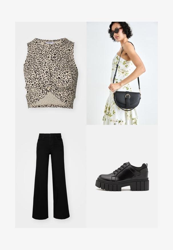 Cropped majica s leopard uzorkom u bež boji s crnim točkama, koja ima detalj s uvijenim prednjim dijelom i glatku, laganu tkaninu.; Črne široke denim hlače s strukturiranim pasom, z zankami za pas in sprednjimi žepi. Gladka tekstura s klasičnim dizajnom.; Črne usnjene platforme z debelim blokastim petam, okroglo konico in klasičnim vezanjem. Imajo gladko teksturo in minimalne podrobnosti.; Črna usnjena torbica s ukrivljeno obliko, z odstranljivo naramnico in zlatimi dodatki. Torbica ima pokrov s podrobnostmi v obliki zaponke.