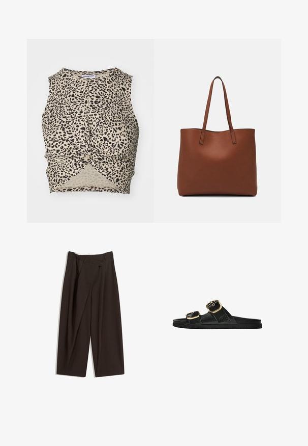 Cropped majica s leopard uzorkom u bež boji s crnim točkama, koja ima detalj s uvijenim prednjim dijelom i glatku, laganu tkaninu.; Temno rjave široke hlače z visokim pasom, ki imajo en gumb za zapiranje in zamaščen sprednji del. Narejene so iz lahkega blaga.; Črne drsne sandale z dvema zlatima zaponkama, gladkega materiala, ravnim podplatom in minimalističnim dizajnom.; Rjava usnjena torba z gladko teksturo, odprto zasnovo zgoraj in dvema naramnima trakovoma. Opremljena je z minimalnim šivanjem in brez vidnih kovinskih delov.