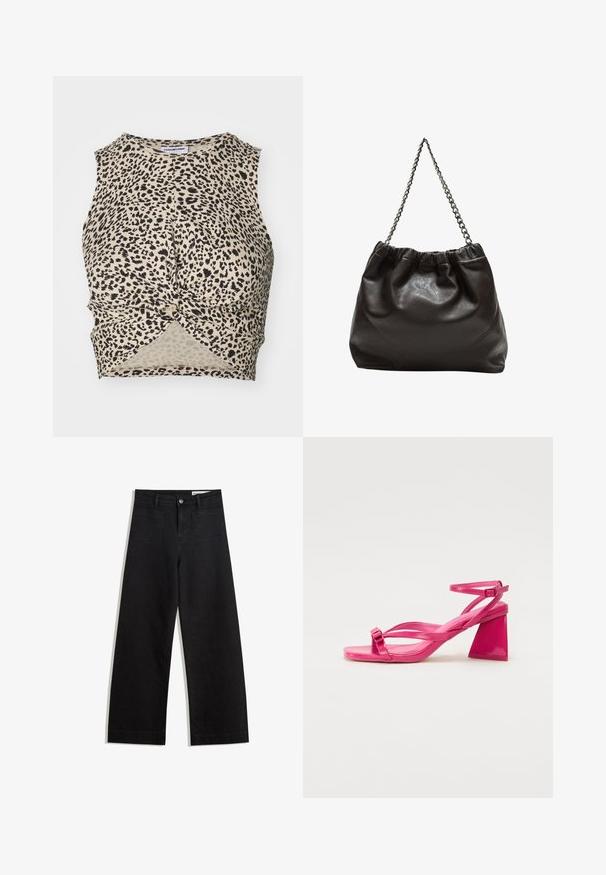 Korthäftad topp med leopardtryck i beige med svarta fläckar, som har en vriden frontdetalj och ett mjukt, lätt material.; Svarta vida denimbyxor med hög midja, med fram- och bakfickor, sydda sömmar och knappstängning. Slät textur.; Rosa lackläderklackar med fyrkantig tå, smala remmar och en geometrisk blockklack. Har en spänndetalj på remmen.; Brun läderväska med rynkad topp och kedjesnodd. Slät textur med en blankslipad yta och subtila sömdetaljer på sidorna.