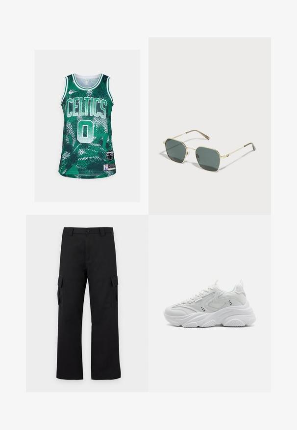 Green basketball jersey featuring "CELTICS" text and number "0" in white. Made of textured fabric with a geometric pattern. Includes NBA logo patch.; Black cargo pants with a straight leg design. Made from durable fabric, featuring two side pockets with flap closures and a button fly.; White athletic shoes with a textured upper, padded tongue, and chunky sole. Design features include curved lines and small accents on the sides.; Sunglasses with a gold metal frame, green rectangular lenses, slim temples, and a subtle textured pattern on the arms.