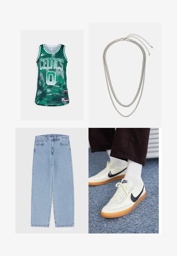 Grünes Basketball-Trikot mit dem Text "CELTICS" und der Nummer "0" in Weiß. Aus strukturiertem Stoff mit geometrischem Muster. Enthält ein NBA-Logo-Patch.; Hellblaue Jeans aus Denim mit geradem Bein, ausgestattet mit einer mittelhohen Taille, fünf Taschen sowie einem Knopf- und Reißverschluss.; Nike-Sneaker aus weißem Leder mit einem navy blauen Swoosh, ausgestattet mit einer Gummisohle und weißen Schnürsenkeln, kombiniert mit weißen Socken und dunklen Cord-Hosen.; Dreischichtige Halskette aus Silbermetall mit schlanken, flexiblen Ketten mit leichtem Glanz, gesichert mit einem Karabinerverschluss und verstellbarer Kette.
