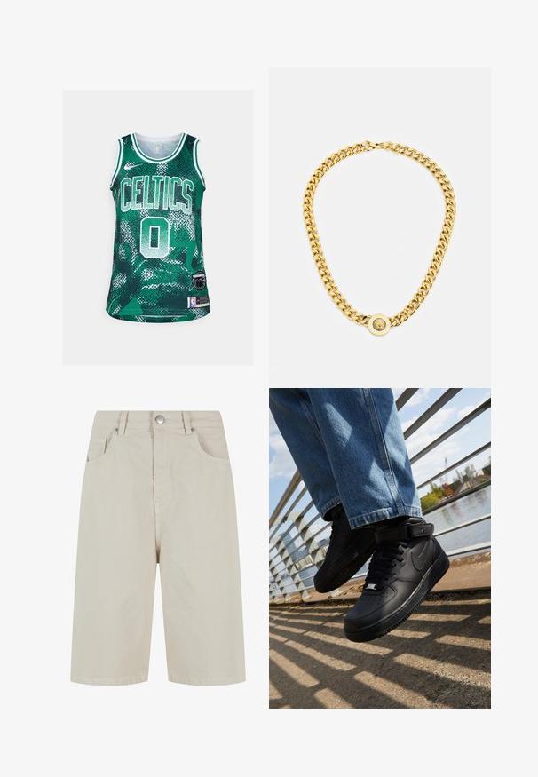 Zielona koszulka do koszykówki z napisem "CELTICS" i numerem "0" w białym kolorze. Wykonana z teksturowanej tkaniny z geometrycznym wzorem. Zawiera naszywkę z logo NBA.; Beżowe szorty z denimu o prostym kroju, z zapięciem na guzik z przodu i czterema kieszeniami. Materiał ma gładką fakturę i minimalne detale w szwie.; Czarne sneakersy Nike Air Force 1 z skórzaną cholewką, siateczkowym językiem i gumową podeszwą, charakteryzujące się wysoką cholewką i grubymi sznurowadłami.; Złoty naszyjnik z dużymi, splątanymi ogniwami, z okrągłym wisiorkiem na środku, zawierającym wystający emblemat.
