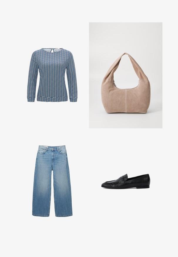 Langarmshirt mit geometrischem Muster in Blau und Schwarz. Hergestellt aus leichtem Stoff mit Rundhalsausschnitt und einem Schlüsselrücken-Detail.; Hellblaue weite Jeans aus Denim, mit einem klassischen Fünf-Taschen-Design und einem Knopfverschluss. Im ganzen Stoff mit einem verwaschenen Look.; Schwarze Lederloafers mit runder Zehe, gestickten Details an der Vorderseite und flacher Sohle. Minimalistisches Design mit dezentem Logoakzent.; Hobo-Tasche aus weichem Wildledermaterial in einem hellen Beigeton. Verfügt über eine runde Form, einen breiten Riemen und einen Reißverschluss.