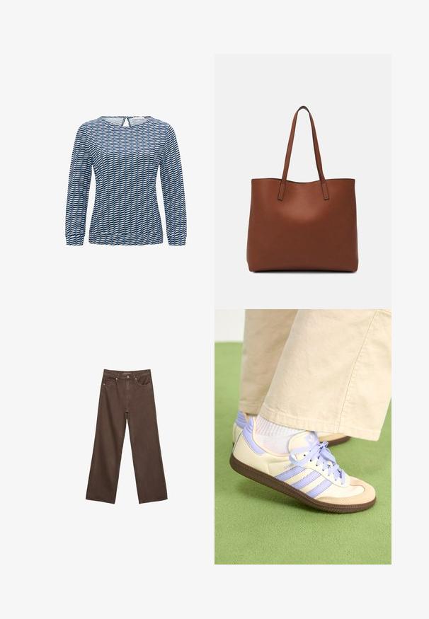 Langarmshirt mit geometrischem Muster in Blau und Schwarz. Hergestellt aus leichtem Stoff mit Rundhalsausschnitt und einem Schlüsselrücken-Detail.; Weite braune Jeans aus Denim, mit hoher Taille, Fronttaschen und klassischem Knopfverschluss. Glatte Textur mit feinen Nähten.; Cremefarbene und lavendelfarbene Sneakers mit drei Streifen und einer strukturierten braunen Sohle, ausgestattet mit Schnürsenkeln und einer gepolsterten Ferse. Obermaterial aus weichem Stoff.; Braune Leder-Tote mit glatter Textur, offenem Oberteil und zwei Schulterriemen. Verfügt über minimale Nähte und keine sichtbaren Beschläge.