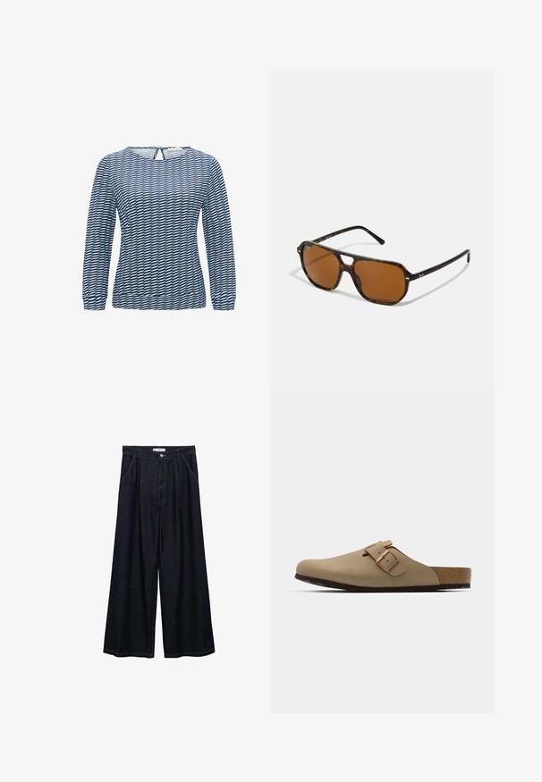 Maglia a maniche lunghe con un motivo geometrico blu e nero. Realizzata in un tessuto leggero, presenta un colletto rotondo e un dettaglio a foro sulla schiena.; Pantaloni larghi in denim scuro con vita alta, dotati di chiusura frontale con bottone, due tasche laterali e dettagli di cucitura.; Zoccoli beige con punta arrotondata, accentati da una fibbia regolabile e con tappetino in sughero. Superficie texturizzata con suola in gomma nera per una migliore aderenza.; Occhiali da sole tartaruga con lenti marroni, forma rettangolare e dettagli in metallo sulla montatura. Design elegante con aste sottili.