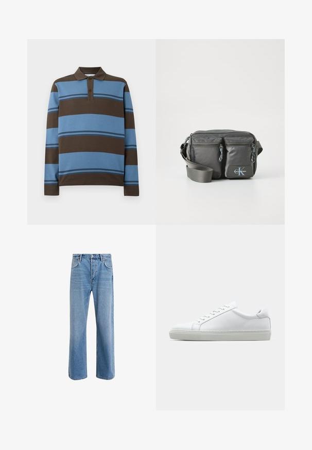 Polo skjorte med lange ærmer, brun og lyseblå vandrette striber, med en tre-knaps placket og en ribbet krave.; Lyseblå denim jeans med lige ben-design, fem lommer, knaplukning, minimal falming og kontraststingdetaljer.; Hvide sneakers med en glat læderoverdel og lav profil. Har en rund tå, seks snørehuller og en tekstureret gummisål.; Grå nylon crossover taske med to lynlåslommer foran, justerbar strop og logo detaljer. Glat tekstur med et moderne design.