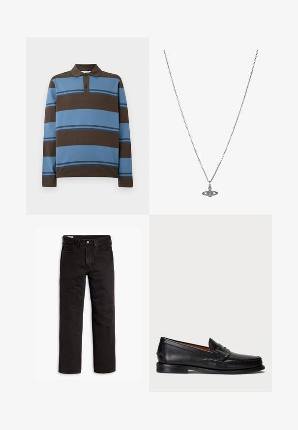 Paita polo, jossa on pitkät hihat, ruskeita ja vaaleansinisiä vaakaraitoja, kolmonen napitus ja ribbireunus kauluksessa.; Mustat suorat farkut, joissa on viisi taskua, nappisulku ja vyölenkit, aseteltuna tasaisesti valkoista taustaa vasten.; Musta nahkainen loaferi pyöristetyn varpaankärjen, ommellun yksityiskohdan ja koristeellisten hihnojen kanssa edessä. Tasapohja, jossa minimaalinen profiili.; Hopeaketju, jossa on yksityiskohtainen riipus planeetan muodossa, koristeltuna pienillä yksityiskohdilla ja monimutkaisilla kuvioilla.