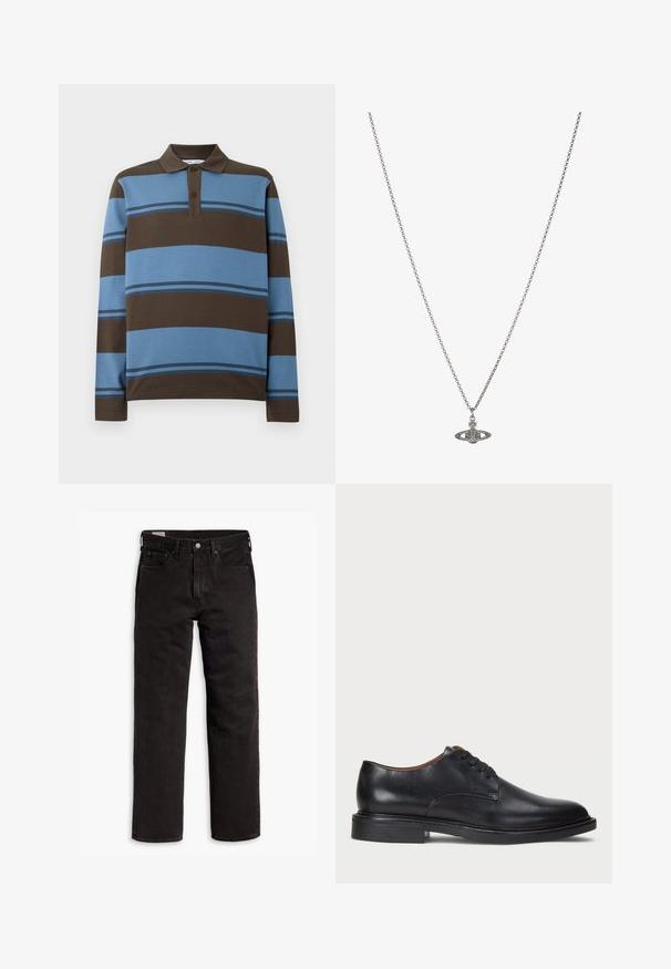 Poloko s dlouhými rukávy, hnědými a světle modrými vodorovnými pruhy, se třemi knoflíčky a žebrovaným límcem.; Černé džíny rovného střihu s pěti kapsami, zapínáním na knoflík a poutky na opasek, položené na bílém pozadí.; Černé kožené společenské boty s kulatou špičkou, šněrováním a nízkým podpatkem. Hladký povrch s minimálním šitím.; Stříbrný řetízek s detailním přívěskem ve tvaru planety, zdobený malými akcenty a složitými vzory.