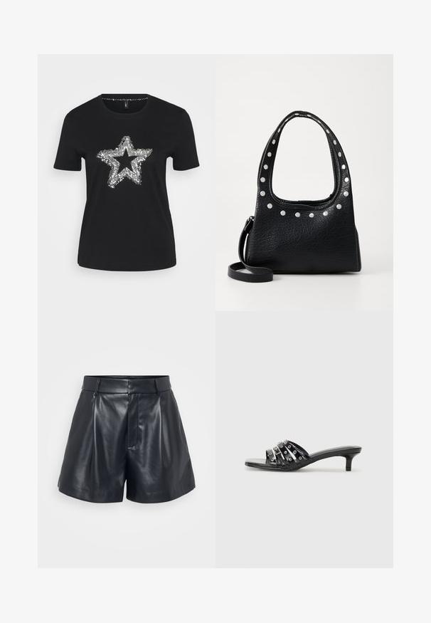 Svart T-skjorte i bomull med en sølvfarget paljett-stjernedesign på forsiden. Korte ermer og rund hals.; Sorte lærshorts med en glat tekstur, skræddersyet design, plisseret front og bæltestropper; har en skjult lynlås-lomme på siden.; Svarte hæl sandaler med flere glinsende stropper og metalliske detaljer, med spiss tå og moderate kitten hæler. Glatt tekstur.; Svart teksturert skinnhåndveske med sølvfargede nagler langs toppkanten og håndtakene, med et kort håndtak og en avtagbar stropp.; Sølv ringøredob med en polert finish, med små gull detaljer og en rund form, båret på øreflippen.
