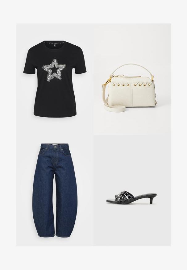 Melna kokvilnas T-kreklu ar sudraba spīdīgu zvaigžņu dizainu priekšpusē. Īsas piedurknes un apaļa kakla izgriezuma forma.; Tumši zili džinsa džinsi ar plašu, vaļīgu pieguļošanu. Ir rāvējslēdzēja aizdare, četri kabatas un kontrastējošas šuves gar šuvēm.; Melnas piekļuves sandales ar vairākiem spīdīgiem siksniņām un metāliskām akcentiem, ar smailu purngalu un pieklājīgiem kitten papēžiem. Gluda tekstūra.; Baltā mākslīgā āda somiņa ar augšējo rāvējslēdzēju, īsu rokturi un noņemamu krūšu siksnu ar zelta krāsas aksesuāriem. Sānu diegu detaļa.; Sudraba auskars ar pulētu apdari, ar maziem zelta akcentiem un apaļu formu, uz ausu ļipiņas.