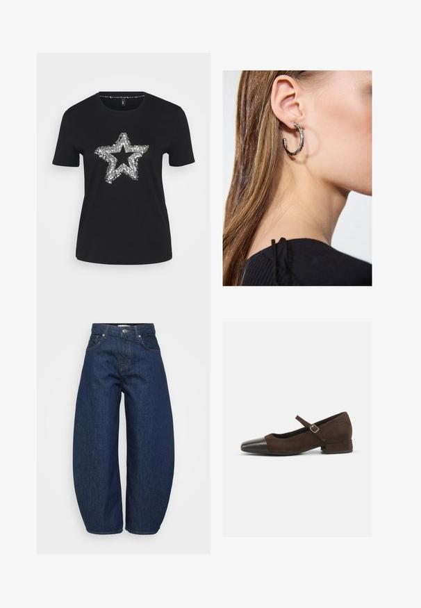 Tricou negru din bumbac, cu un design în formă de stea din paiete argintii pe față. Mâneci scurte și decolteu rotund.; Blugi din denim albastru închis, cu croială largă și lejeră. Au închidere cu fermoar, patru buzunare și cusături contrastante de-a lungul cusăturilor.; Pantofii Mary Jane din suede maro cu vârf din piele patentă neagră, curea ajustabilă și tocul jos în formă de bloc. Textură netedă cu accente minime.; Cercel din argint cu un finisaj polișat, având detalii mici din aur și o formă rotundă, purtat pe lobul urechii.