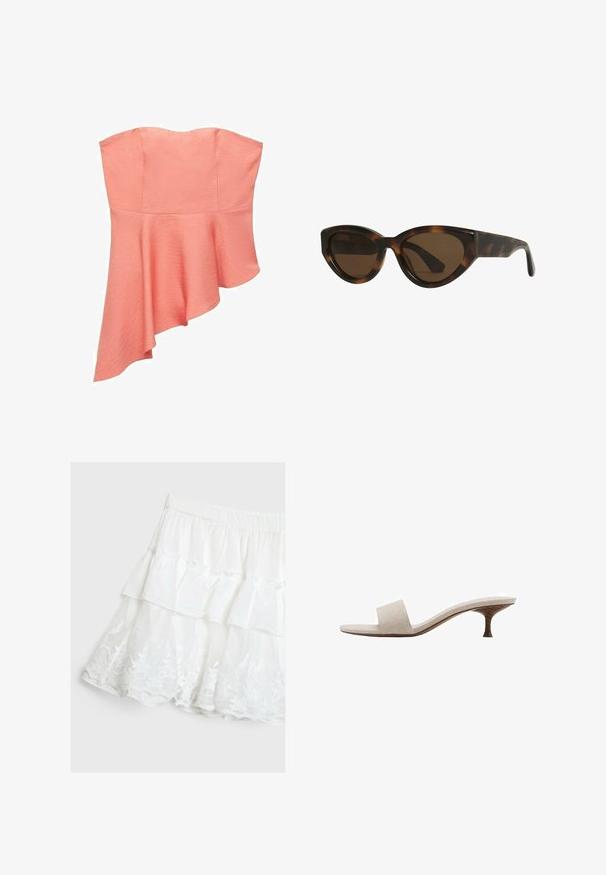 Top brez naramnic v koralni barvi z teksturirano površino, ki ima asimetrični rob, ki se elegantno spušča. Brez vidnih zakov in okrasnih elementov.; Bela večplastna krila iz lahkotnega blaga, z naborkom in cvetličnim čipkastim obrobom na dnu. Elastičen pas.; Sandal brez pet, z zgornjim delom iz bež tkane tkanine, odprti prsti in ukrivljenim lesenim podplatom. Oblikovanje se ponaša z gladko teksturo in minimalistično obliko.; Sončne očala mačje oblike v barvi torto, s smešnimi rjavimi lečami, ki imajo gladke, sijoče plastične okvirje in eleganten dizajn. Brez vidnih logotipov ali poudarkov.; Bela sponka za lase v obliki cveta z svetlo rumenim prehodom, ki vsebuje vzmetni mehanizem in gladko plastično teksturo.