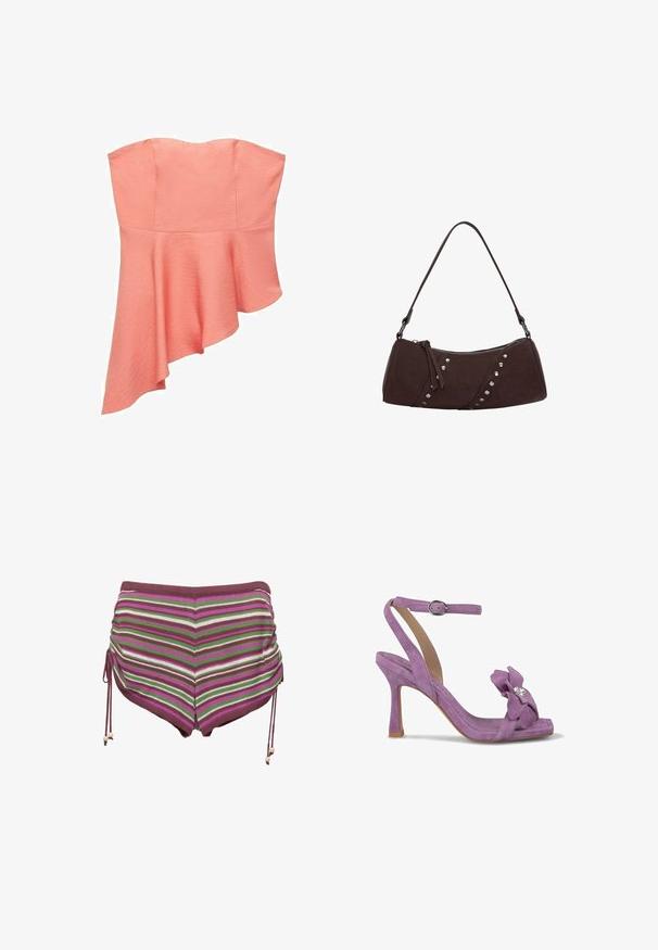 Strapless koraal top met een gestructureerde afwerking, voorzien van een asymmetrische zoom die elegant valt. Geen zichtbare sluitingen of versieringen.; Gestreepte zwemshorts in tinten roze, groen en bruin. Bevat trekkoordzijden en een zachte, rekbare stof.; Paarse suède hoge hak sandaal met een enkelbandje. Kenmerkt zich door een bloemenversiering met een strass detail op de teen.; Bruine synthetische leren handtas met een gebogen vorm, ritssluiting en decoratieve zilveren studs aan één kant. Voorzien van een korte schouderband.