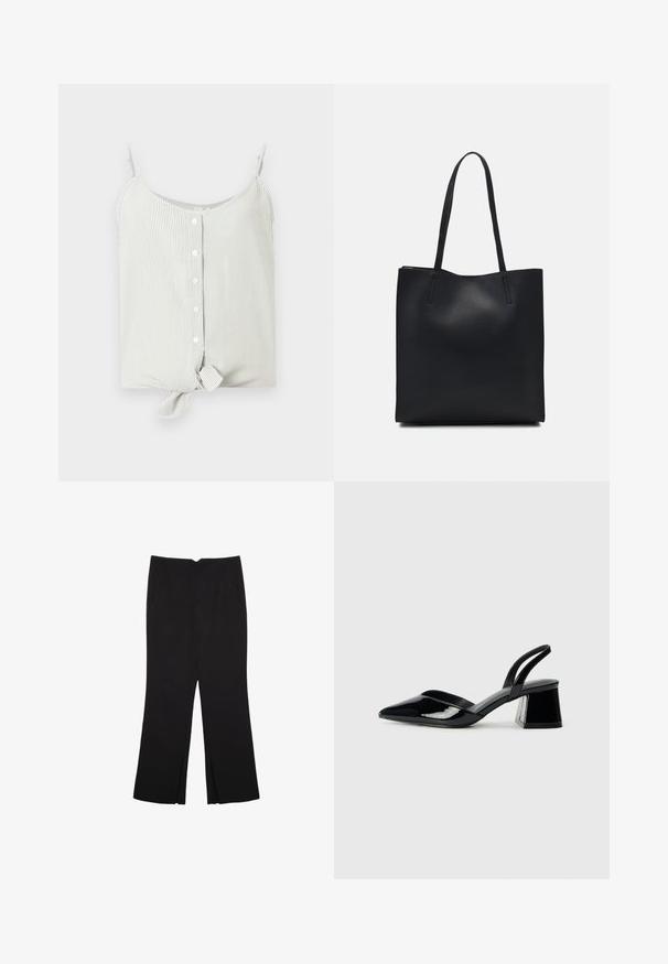 Pruhovaná bezramínková blůza ve světle zelené a bílé barvě, s přední částí na knoflíky a uzlem na spodním lemu. Hladká tkanina, uvolněný střih.; Černé kalhoty s rovným střihem, s předními kapsami a bočními rozparky na lemu. Vyrobené z jemné, hladké tkaniny. Vhodné na různé příležitosti.; Černé lakované kožené lodičky na pásku s špičatou špičkou a geometrickým blokovým podpatkem. Vyznačují se elegantním, minimalistickým designem a hladkým povrchem.; Černá kožená taška přes rameno s hladkým povrchem, obdélníkovým tvarem a dvěma dlouhými uchy. Žádné viditelné kování ani ozdoby.
