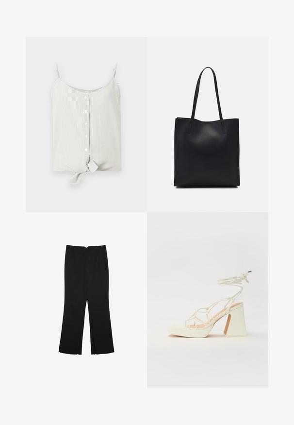 Top senza maniche a righe in verde chiaro e bianco, con chiusura a bottoni frontale e dettaglio a nodo sull'orlo. Tessuto morbido, vestibilità comoda.; Pantaloni neri a gamba dritta, con tasche frontali e spacchi laterali all'orlo. Realizzati in tessuto morbido e liscio. Adatti a diverse occasioni.; Sandalo bianco con tacco alto, caratterizzato da un design a cinturini e un legaccio alla caviglia. Texture liscia con una piattaforma frontale per un'altezza aggiuntiva.; Borsa tote in pelle nera con texture liscia, forma rettangolare e due manici lunghi. Nessun hardware o decorazione visibile.