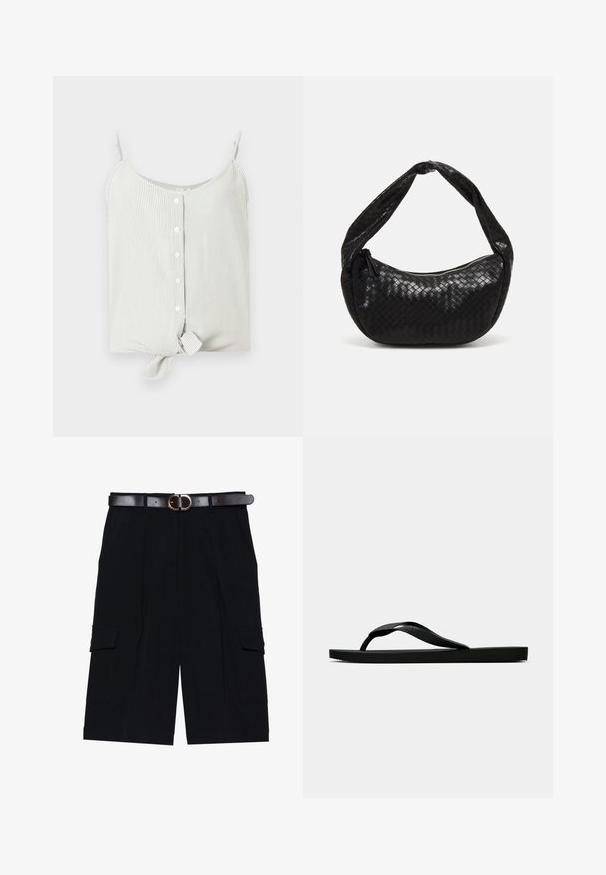 Striped sleeveless top in light green and white, featuring button front and knot detail at hem. Smooth fabric, relaxed fit.; Black cargo shorts made from lightweight fabric, featuring a straight cut, side pockets, and a brown leather belt with a silver buckle.; Black rubber flip-flop sandal with a textured thong strap and simple flat sole, shown from side on a plain light background.; Black woven leather handbag with a curved shape, featuring a thick handle and a zip closure. Textured surface with a glossy finish.