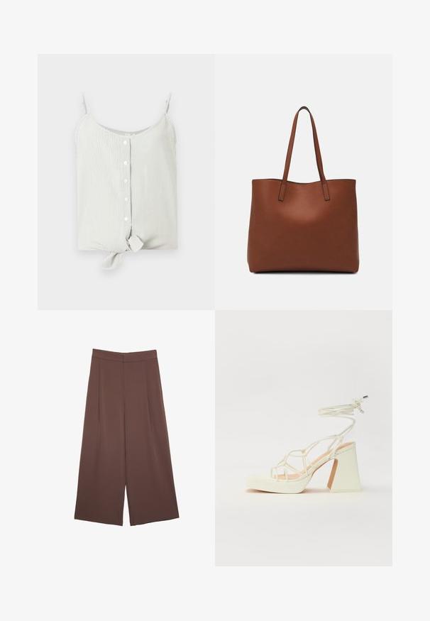 Gestreepte mouwloze top in lichtgroen en wit, met knopen aan de voorkant en een knoopdetail aan de zoom. Glad fabric, ontspannen pasvorm.; Bruine wijde broek met een gladde textuur, voorzien van een hoge taille en plooien aan de voorkant. De stof is lichtgewicht en valt losjes.; Witte hoge hakken sandaal met een chunky hak, met een bandjesontwerp en enkelband. Gladde textuur met een plateau voor extra hoogte.; Bruine leren tote bag met een gladde textuur, een ontwerp met een open bovenkant en twee schouderbanden. Kenmerkt zich door minimale stiksels en geen zichtbare hardware.