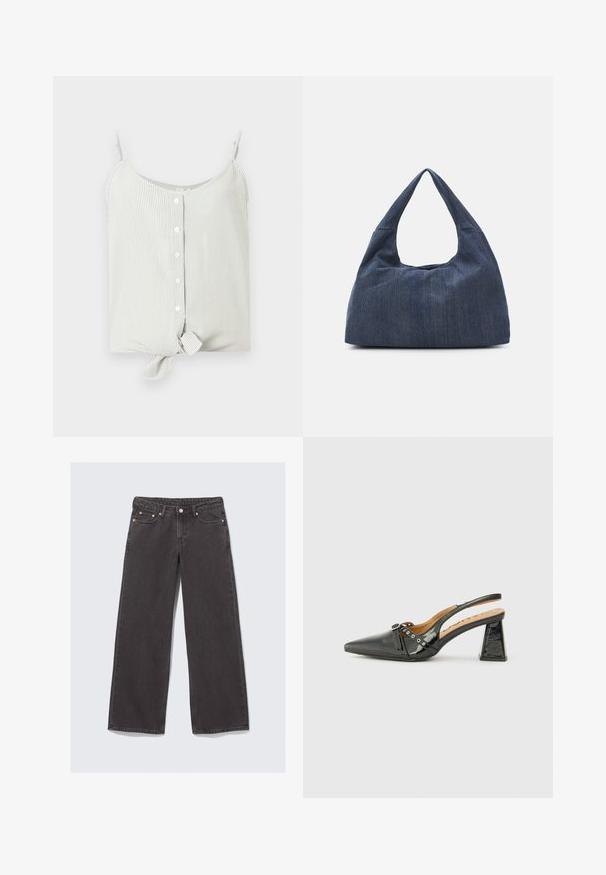 Stripet tank topp i lys grønn og hvit, med knapp foran og knute detaljer i hullet. Glatt stoff, avslappet passform.; Videbukser laget av mørkegrå denim. Funksjoner inkluderer høyt liv, kobberdetaljer og klassisk fem-lommers design.; Svart lakkskinn slingback-sko med spiss tå, trekantet hæl og dekorativ stropp med sølvakenter. Slett tekstur.; Mørkeblå denimveske med en myk, slapp form, som har en hobo-stil håndtak og en teksturert overflate. Ingen synlige maskinvaredetaljer.