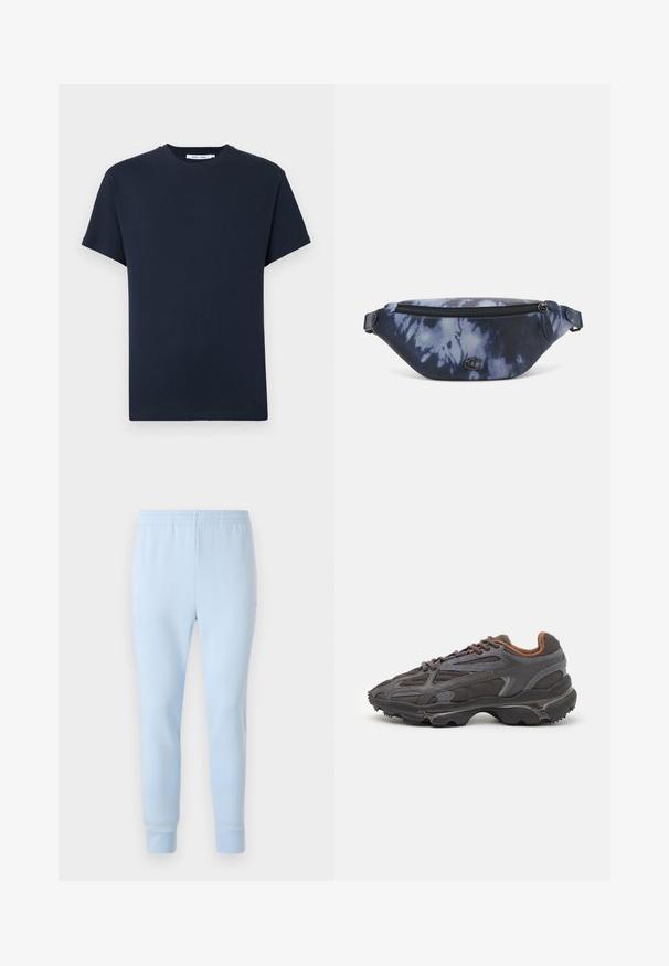 Maglietta corta blu navy scuro in cotone, con scollatura rotonda e vestibilità rilassata. Colore solido e semplice, senza fantasia.; Pantaloni della tuta di un blu chiaro realizzati in tessuto morbido, con vita elastica e polsini affusolati. Nessun motivo visibile o dettagli hardware.; Sneaker Lacoste grigie scure in materiale mesh e sintetico, con suola testurizzata e dettagli marroni sul colletto e sul branding.; Marsupio in stampa tie-dye blu scuro con una parte superiore con zip, materiale testurizzato e un logo ben visibile sul davanti.