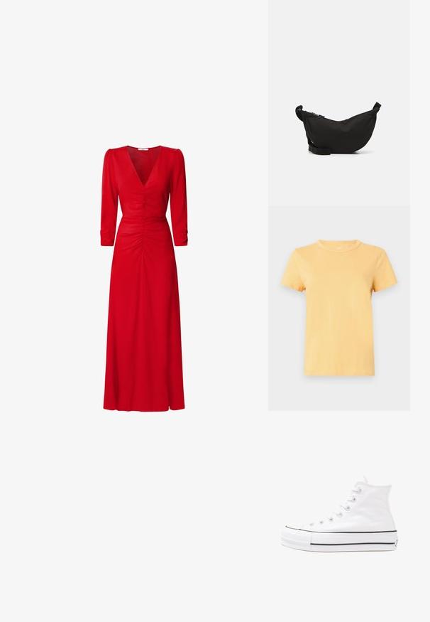 Lühikeste varrukatega, ümarate kaelustega t-särk, mis on valmistatud pehmest, kergest puuvillast heledas kollases värvitoonis, sujuva tekstuuri ja puhta viimistlusega.; Punane kleit V-kaelusega, kolmeveerandvarrukatega ja kokku tõmmatud detailidega vöökoha ja selja juures. Kangas näib olevat sile ja kerge.; Valge kõrgem kangast tenniseking, millel on must kummist tald, ees kummist varvasetugi ja kuus aukku paelte jaoks, pakkudes puhta ja minimalistliku disaini.; Must mustr için geniliku sihinõel, tõmblukuga, reguleeritava rihmaga ning väike külgtasku lisaruumi jaoks.