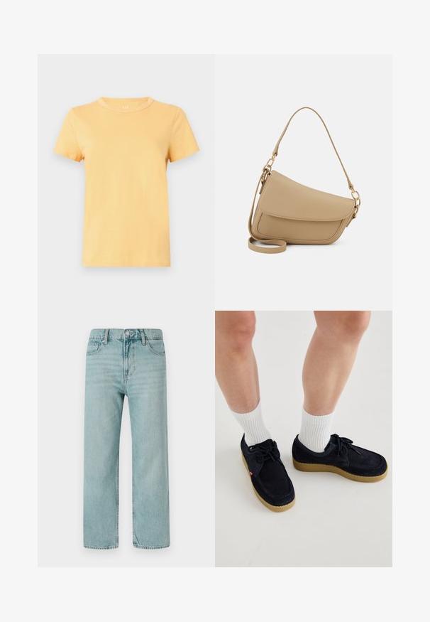 Trumpas rankovėmis, apvaliu kaklu marškinėliai, pagaminti iš minkštos, lengvos medvilnės šviesiai geltona spalva su lygia tekstūra ir tvarkingu apdailu.; Šviesiai mėlyni plačiakojai džinsai, pagaminti iš džinsinio audinio, su klasikinio penkių kišenių dizainu, švariomis linijomis ir reguliariu liemeniu su mygtuko uždarymu.; Tamsiai mėlynos zomšinės bateliai su apvalia nosimi, su raišteliais ir kreminės spalvos guminiu padu. Suderinti su baltais dryžuotais kojinėmis.; Even&Odd Rankinė - beige