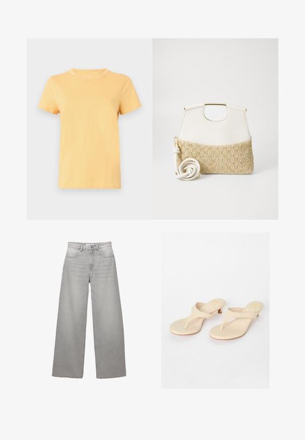 Tricou cu mânecă scurtă, guler rotund, realizat din bumbac moale și ușor, de culoare galben deschis, cu o textură netedă și un finisaj curat.; Blugi din denim gri cu picior larg, cu talie înaltă, având cinci buzunare, fermoar și cusături vizibile. Textură moale cu un finisaj decolorat.; Sandale thong bej cu un superior sintetic neted și toc mic pătrat. Design minimalist cu un post pentru degetul mare și talpă rotunjită.; Geantă de mână din piele albă, cu un fund din țesătură crem cu textură împletită. Dispune de un mâner de culoare aurie și o curea albă spiralată pentru versatilitate.