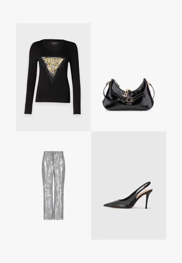 Guess TRIANGLE TIGER - Langarmshirt - jet black; Silberne, bestickte Hosen mit einem Blättermuster, geradem Bein Design und einer glatten, glänzenden Textur. Funktionale Taschen und Knopfverschluss.; Schwarze Leder-Slingback-Pumps mit spitzer Zehenform, glatter Textur und einem zarten Riemen mit einer metallischen Schnalle.; Schwarze Lackledertasche mit geschwungenem Design, goldenen Hardware-Akzenten und einem auffälligen Logo. Inklusive abnehmbarem Schultergurt.