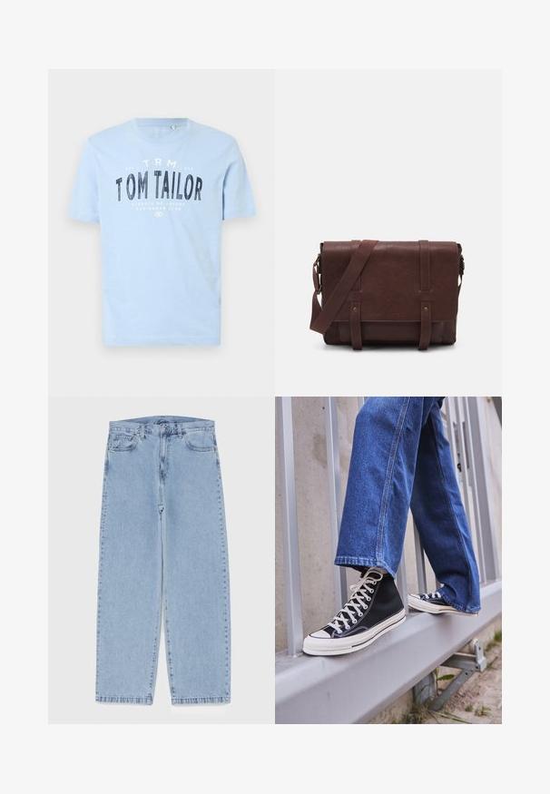 Vaaleansininen puuvillapaita, jossa on pyöreä kaula-aukko ja lyhyet hihat. Paidassa on rohkeaa mustaa painettua tekstiä: "TOM TAILOR" ja muita brändäystä koskevia yksityiskohtia.; Vaaleansiniset farkut suoran lahkeen muotoilulla, joissa on puolivälin vyötärö, viisi taskua sekä nappi- ja vetoketjusuljenta.; Mustat high-top tennarit valkoisella pohjalla ja nauhoilla, yhdistettynä väljään sinisiin farkkuihin, lepäävät harmaalla kaiteella.; Ruskea nahkainen viestintälaatikko, jossa on litteä etuläppä, kaksi remmiä, kultaiset yksityiskohdat ja säädettävä olkahihna.