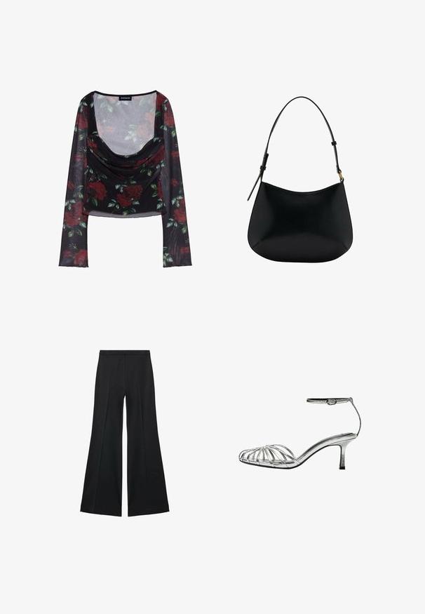 Black mesh long-sleeve top with deep scoop neckline, featuring a floral pattern of red roses and green leaves, and a draped front detail.; Black wide-leg pants with a smooth texture, featuring front pleats and a tailored design. The fabric is lightweight and flowy.; Silver strappy sandal with a low heel, featuring multiple crisscross straps, an ankle strap with a buckle, and a smooth, shiny texture.; Black leather shoulder bag with a smooth texture, curved shape, and adjustable handle. Features minimal stitching and a simple design.