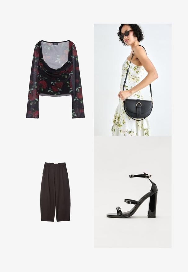 Čierny sieťový top s dlhým rukávom a hlbokým výstrihom, s kvetinovým vzorom červených ruží a zelených listov, a s drapovaným predným detailom.; Čierne široké nohavice vyrobené z hladkej tkaniny, s vysokým pásom, prednými skladmi a bočnými vreckami. Jednoduchý dizajn bez ozdôb.; Čierne lakované sandále na vysokom opätku s dvoma prackami, štvorcovou špičkou a hrubým blokovým opätkom, s hladkou, lesklou textúrou.; Čierna kožená kabelka s zaobleným tvarom, odnímateľným popruhom a zlatými doplnkami. Kabelka má klopu s detailom s prackou.