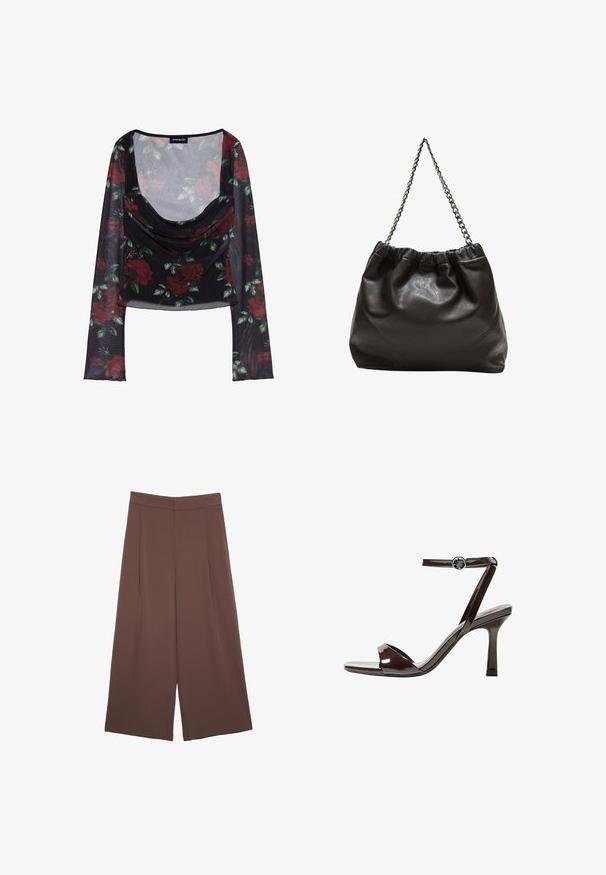 Schwarzes Mesh-Oberteil mit langen Ärmeln und tiefem Rundhalsausschnitt, mit floralem Muster aus roten Rosen und grünen Blättern sowie einem drapierten Vorderteil.; Braune Weite-Leg-Hosen mit einer glatten Textur, hoher Taille und Vorderfalten. Der Stoff ist leicht und fällt locker.; Braune Lackleder-High-Heelsandale mit einem Knöchelriemen, offener Zehenpartie und einem schlanken, minimalistischen Design. Verfügt über einen quadratischen Absatz.; Braune Lederhandtasche mit gerafftem Oberteil und Kettenriemen. Glatte Textur mit glänzendem Finish und subtilen Nahtdetails an den Seiten.
