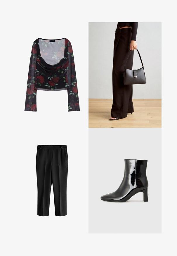 Sort mesh langærmet top med dyb scoop halsudskæring, der har et blomstermønster af røde roser og grønne blade samt en draperet frontdetalje.; Sorte cropped bukser med en afslappet pasform, elastisk talje og to frontlommer. Stoffet har en glat tekstur med en let blank overflade.; Sort lakeret ankelstøvle med spids tå og en midt-højde blokhæl. Glat tekstur og minimalistisk design.; Sort håndtaske med struktureret form, glat overflade og metalspænde. Sammen med brede sorte bukser og sandaler med åben tå på trægulv.