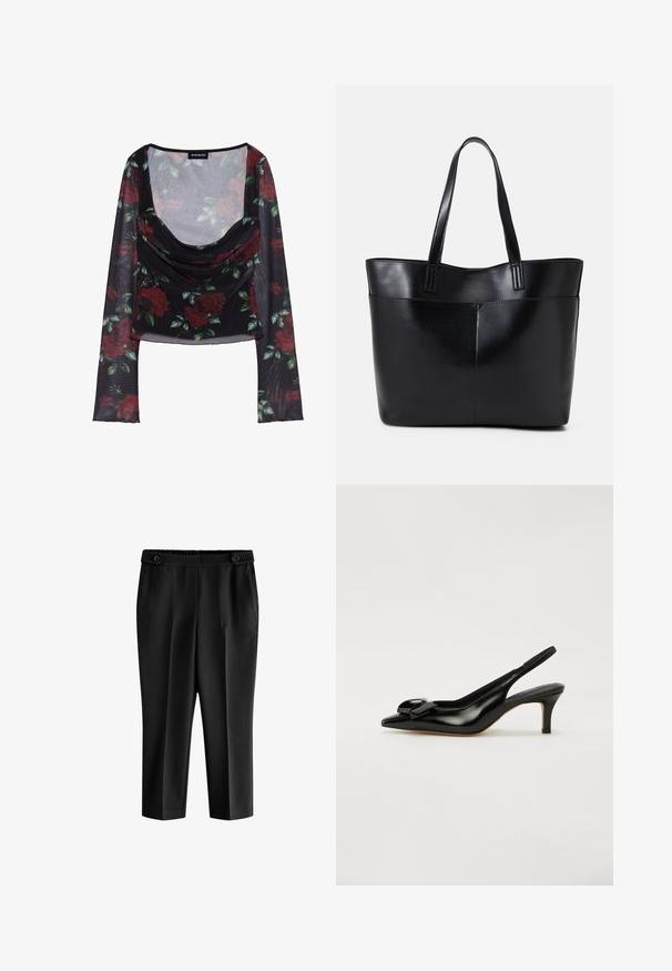 Černý síťovaný top s dlouhými rukávy a hlubokým kulatým výstřihem, zdobený květinovým vzorem červených růží a zelených listů, s volně splývající přední částí.; Černé zkrácené kalhoty s uvolněným fit, elastickým pasem a dvěma předními kapsami. Materiál má hladkou texturu s mírně lesklým povrchem.; Černé lakované kožené boty s otevřenou patou, špičatou špičkou, malým podpatkem a výrazným mašlovým akcentem na nártu. Hladká textura a elegantní design.; Černá kožená taška s dlouhými ušima, hladkým povrchem a strukturovaným tvarem. Obsahuje přední kapsu pro další úložný prostor.