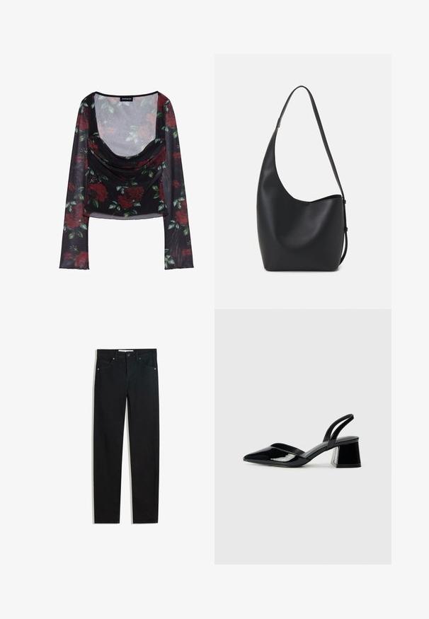 Czarny siatkowy top z długim rękawem i głębokim dekoltem w serek, z kwiatowym wzorem czerwonych róż i zielonych liści oraz z drapowanym przodem.; Czarna dżinsowa spodnie o prostym kroju, pięć kieszeni, metalowe zapięcie na guzik oraz subtelne detale przeszycia. Gładka faktura.; Czarne lakierowane półbuty na obcasie z wydłużonym noskiem i geometrycznym słupkiem. Charakteryzują się eleganckim, minimalistycznym designem oraz gładką fakturą.; Czarna skórzana torba hobo o gładkiej fakturze, zaokrąglonym kształcie i pojedynczym, regulowanym pasku; posiada szerokie otwarcie na górze.