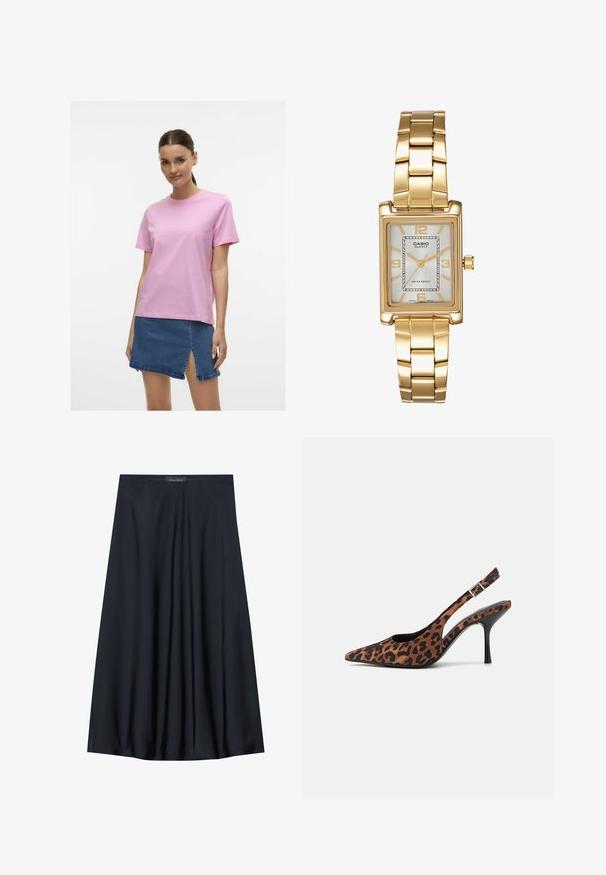 Rövid ujjú, rózsaszín pamut póló kerek nyakkivágással, farmer mini szoknyával párosítva, amelynek elülső hasítéka van. Egyszerű és laza kialakítás.; Fekete, térdig érő szoknya könnyű anyagból, laza formával. Simább textúrával rendelkezik, és finom redők díszítik a részleteket.; Leopárdmintás slingback magassarkú cipő hegyes orral, fekete fényes sarkal és állítható bokapánttal. Puha anyag, textúrázott felülettel.; Aranyszínű, téglalap alakú karóra fehér számlappal, ezüstszínű óránymarkerekkel és strapabíró fém láncszíjjal. Vízálló funkcióval rendelkezik.