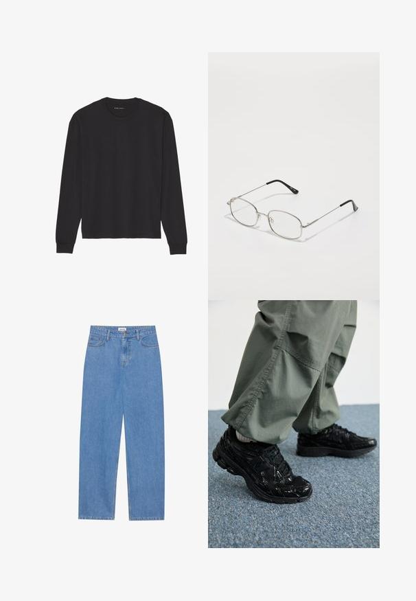 Melna garroku T-krekls, izgatavots no mīkstas kokvilnas. Raksturīga klasiskā apaļa kakla daļa, ribots aproču apakšmala un brīvs piegriezums. Vienkāršs dizains, bez rakstiem.; Gai zili džinsi ar taisnu piegriezumu, piecu kabatu dizainu, vienu pogu aizdari un diskrētu šuvju detaļu.; Melni sporta apavi ar spīdīgu un sieta tekstūru, ar biezu zoli un auklām, kombinēti ar brīvām olīvzaļām kravas biksēm.; Metāla briļļu rāmis ar ovālu formu, sudraba apmale un caurspīdīgi stikli. Šauras, taisnas kājas ar melniem galiem, minimālisma dizains.